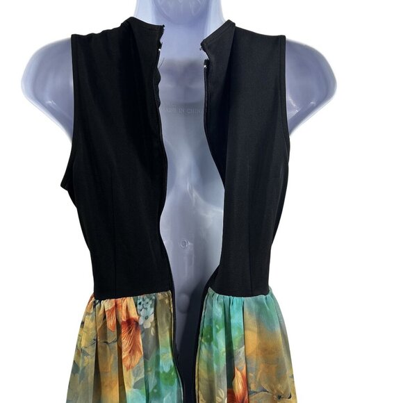 Black M Vegan Leather Cutout Floral Chiffon Maxi Sleeveless Dress Feminine Edgy - Picture 5 of 15